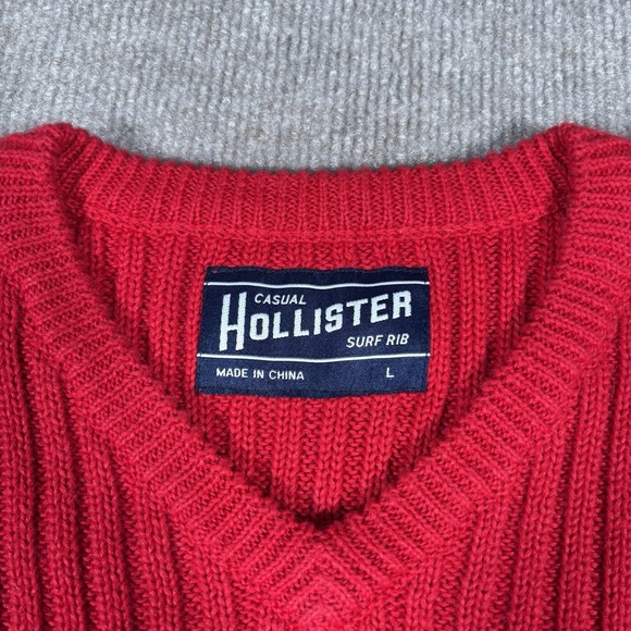Vintage Hollister Sweater‎ Mens L Pullover Red Knit Surfer Rib V Neck Y2K - Picture 5 of 8